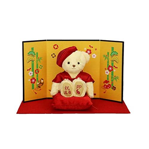 【プティルウ】還暦に贈る、赤いちゃんちゃんこを着た干支のテディベア(金屏風) 卯 ノーマル
