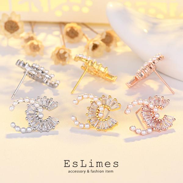 ピアス レディース お花 ダブルC パール スタッド C＆C フラワー 韓国ファッション 18kgp...