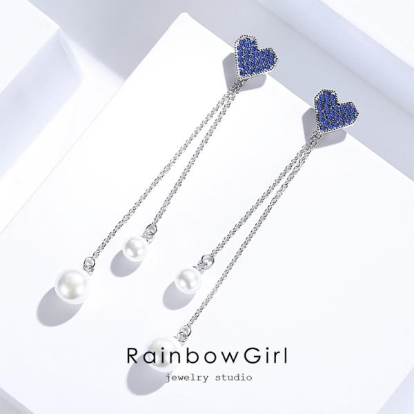 誕生日 クリスマス ピアス レディース パール ハート チェーン 揺れる 2way ブルー SILV...