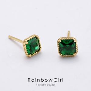 エメラルド ピアス 18k K18YG 18金 イエロー ゴールド シンプル 6本爪