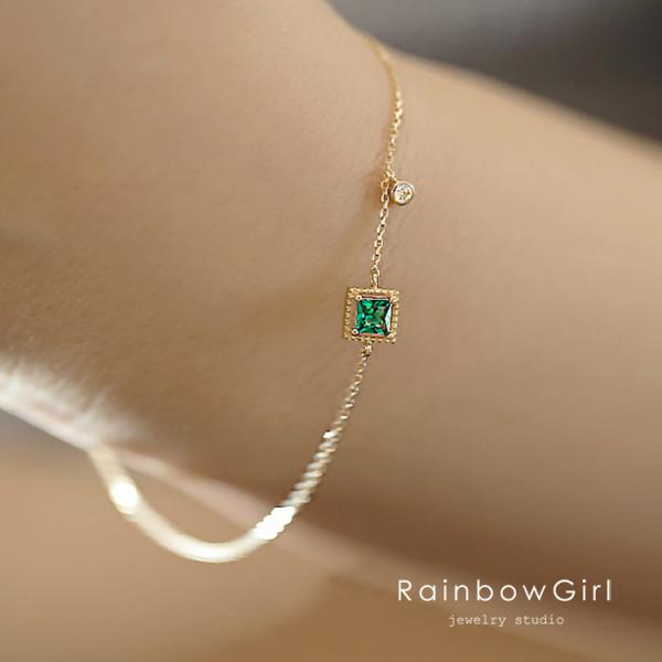 誕生日 母の日 ブレスレット レディース  エメラルドカラー/極細 チェーン 重ね付け/上品 14k...