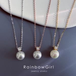 RainbowGirl ネックレス レディース パール V字 CZダイヤ シルバー