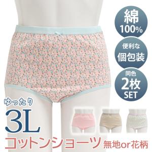 ショーツ レディース 下着 3L 大きいサイズ 綿 コットン スタンダード ハイウエスト 2枚 セット パンツ 無地 花柄 中学 高校 旅行｜rainbunker