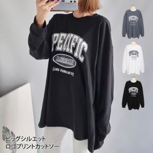 カットソー レディース ロゴプリント トップス Tシャツ ロンT 春 夏 長袖 綿 カジュアル ロゴT 薄手 体型カバー ゆったり シンプル｜rainbunker