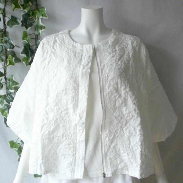 新品 a134 ML ふくれジャガード ジャケット バルーン袖 白系 花模様 ジップ ノーカラー 春...
