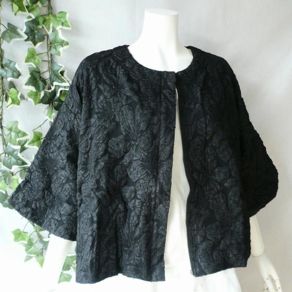 新品 a136 ML ふくれジャガード ジャケット バルーン袖 黒系 花模様 ジップ ノーカラー 春...