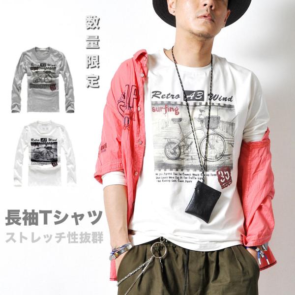 全品送料無料 期間限定 SALE 数量限定 長袖Tシャツ ロンT ストレッチ クルーネック グラフィ...