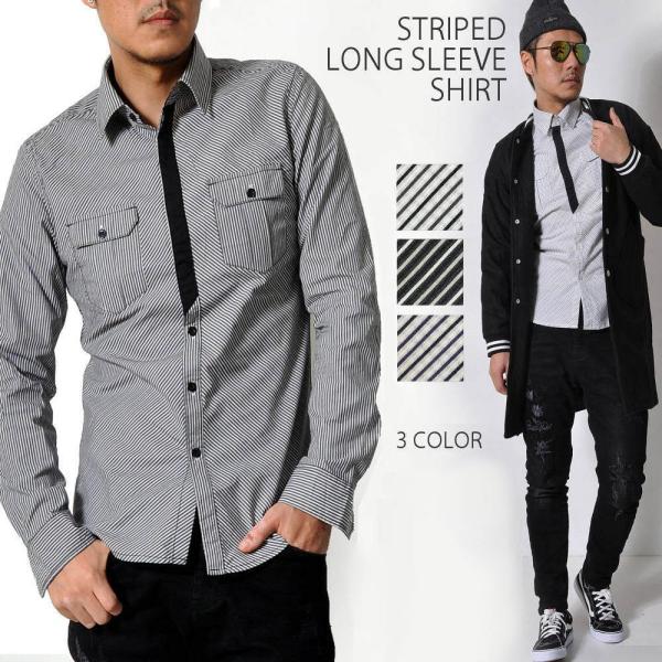 全品送料無料 tsb 【ラスト1】 長袖シャツ Yシャツ ワイシャツ ドレスシャツ フェイクタイ 縞...