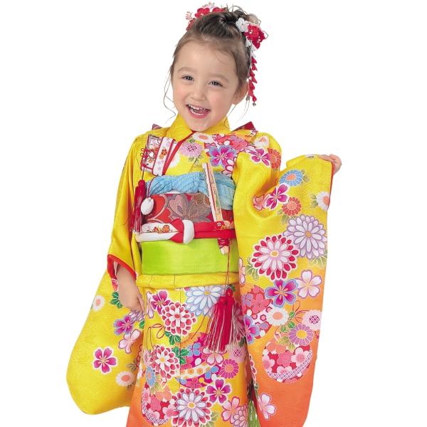 R・K 3歳きもの(三つ身)セット 菊 鞠 桜 黄色 対応身長95cm 七五三 3歳 7歳 こども ...