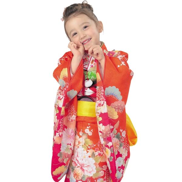 R・K 3歳きもの(三つ身)セット 牡丹 菊 松 梅 朱色 対応身長95cm 七五三 3歳 7歳 こ...