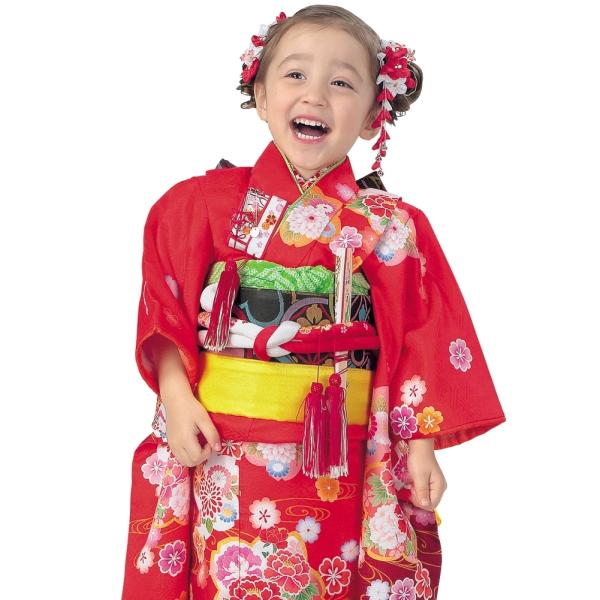 R・K 3歳きもの(三つ身)セット 桜 牡丹 菊 赤 対応身長95cm 七五三 3歳 7歳 こども ...
