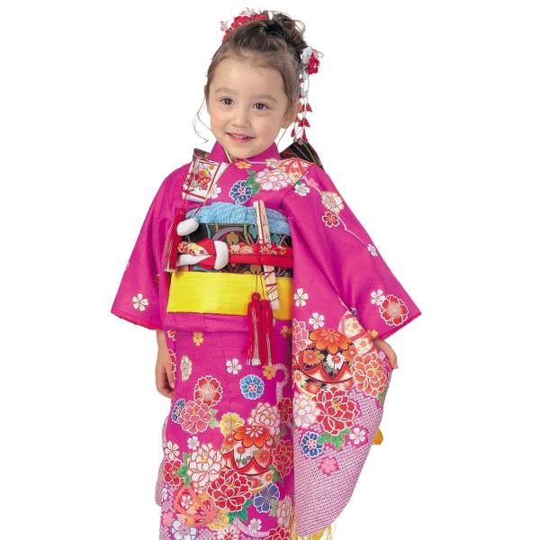 R・K 3歳きもの(三つ身)セット 鞠 桜 牡丹 赤紫 対応身長95cm 七五三 3歳 7歳 こども...