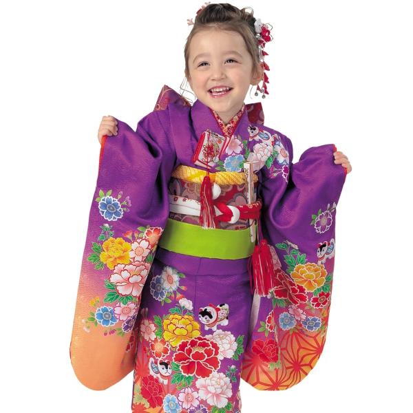 R・K 3歳きもの(三つ身)セット 桜 牡丹 菊 紫 対応身長95cm 七五三 3歳 7歳 こども ...