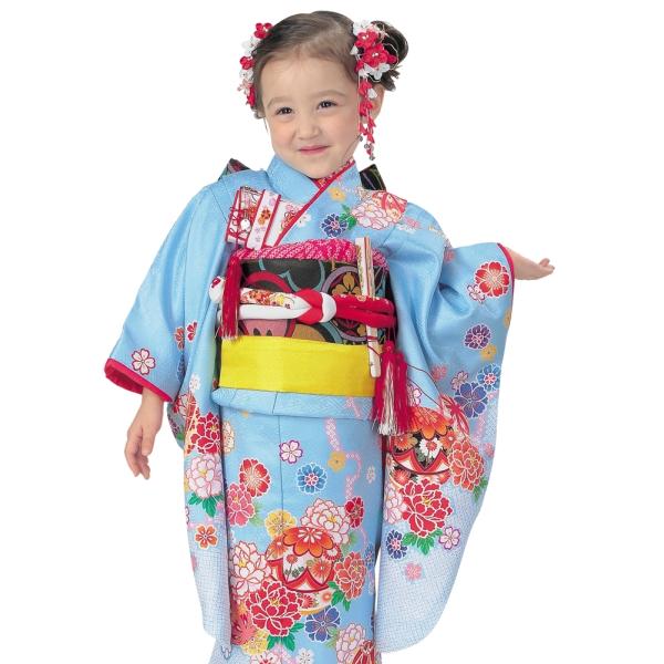 R・K 3歳きもの(三つ身)セット 牡丹 鞠 桜 水色 対応身長95cm 七五三 3歳 7歳 こども...