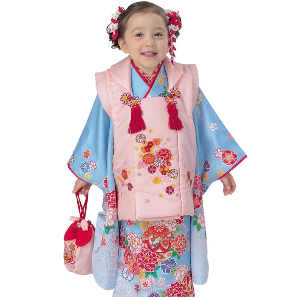 R・K 3歳 女児 被布セット 牡丹 鞠 桜 水色 対応身長95cm 七五三 3歳 7歳 こども k...