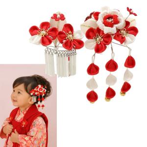 七五三 髪飾り 梅の花にうさぎ 赤 ビラ＆藤下がり付き 3歳 7歳 こども