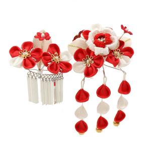 七五三 髪飾り 梅の花にうさぎ 赤 ビラ＆藤下がり付き 3歳 7歳 こども