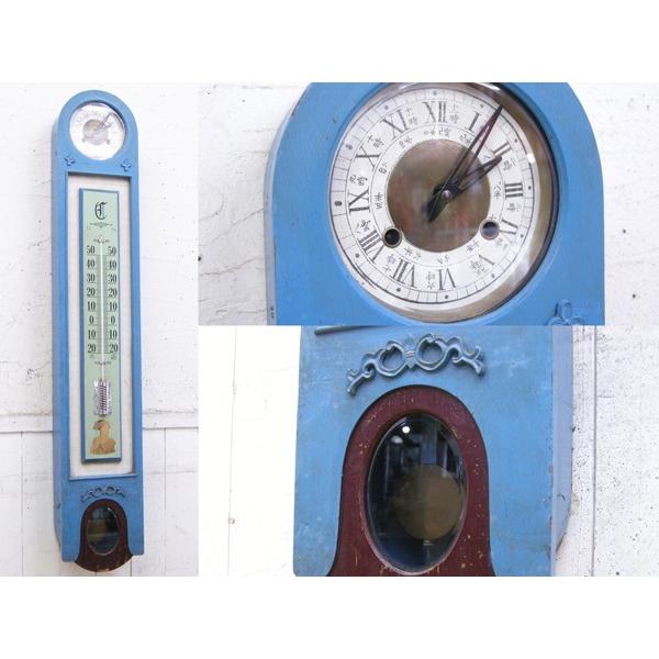 アンティーク・温度計付柱時計・可動品・ゼンマイ時計・掛時計・全長130cm・昭和レトロ・135552