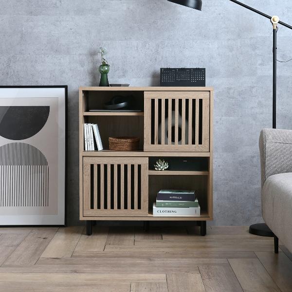 棚 キャビネット ラック おしゃれ 格子 ジャパンディ カップボード 木目 扉付き キッチン収納 食...