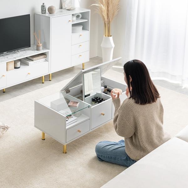 ドレッサーテーブル ローテーブル センターテーブル 白 ガラス天板 大理石調 コンパクト 収納付き ...