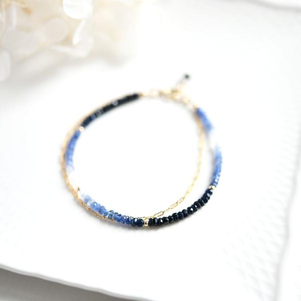 グラデーション ブルーサファイアと波チェーンの2連ブレスレット 9月誕生石 14KGF ゴールドフィ...