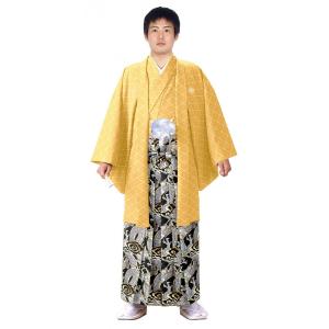 男性 殿方用 刺繍 紋付 羽織 着物 セットNo.2 黄色 MMH-2