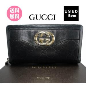 長財布 グッチ GUCCI ラウンドジップ 黒 グッチシマ 型押しレザーGG柄 ブラック オールレザー 中古 used 送料無料｜randb-store