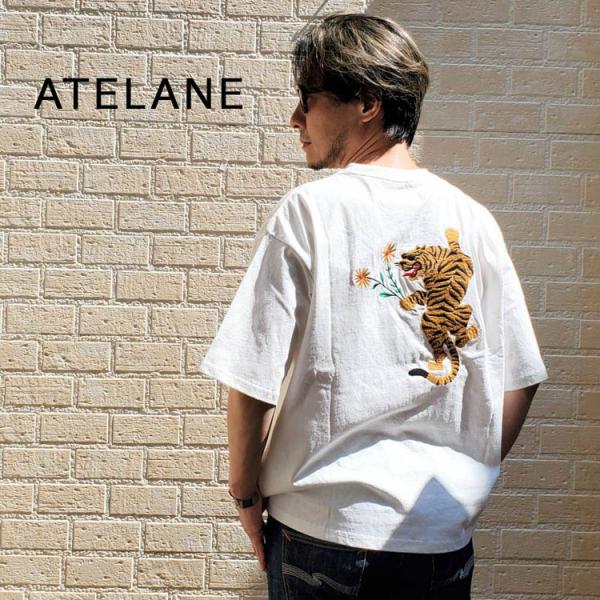 ATELANE アテレーン トラ 花 刺繍 半袖Tシャツ メンズ レディース 天竺 半袖 Tシャツ ...