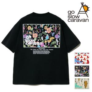 go slow caravan 半袖Tシャツ ゴースローキャラバン フラワー 花 クマ 熊 スクエア バックプリント ゆったり Tシャツ ビッグ ユニセックス TEE M L XL LL｜rankutsudou