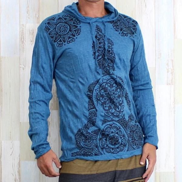ロンT フード付き パーカー 長袖 Tシャツ メンズ レディース エスニック メディテーション 瞑想...