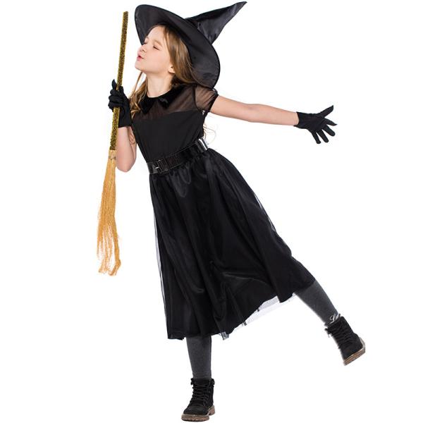 キッズ 魔女 コスチューム 女の子 黒ワンピース メッシュ襟 魔女帽子付き 手袋付き ハロウィン仮装...