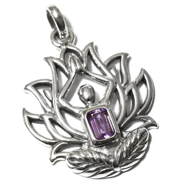 【PETER STONE】ロータス（蓮花） ヨガ アメジスト 高品質シルバー ペンダントトップ