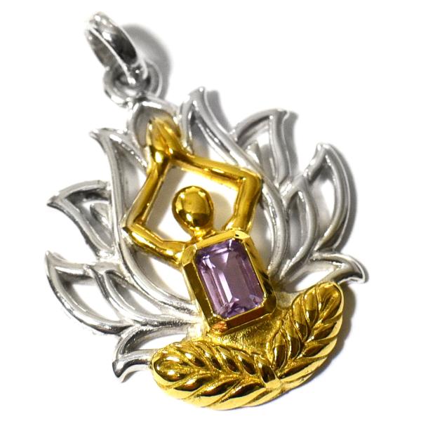 【PETER STONE】ロータス（蓮花） ヨガ アメジスト ゴールドコーティング 高品質シルバー ...