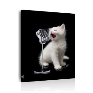 　絵画  絵歌う白猫　ネコ　マイク　カラオケ　