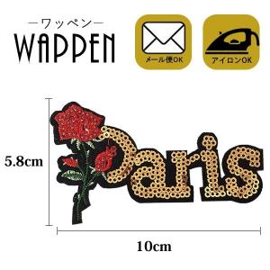 ワッペン スパンコール アイロン アップリケ おしゃれ バラ 薔薇 paris 縦5.8cm×横10cm メール便可 爆買