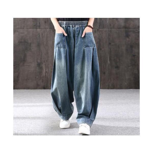 パンツ 春新作 デニムワイドパンツ サルエルパンツ　ゆったりデニムパンツ レディース 九分丈パンツ ...