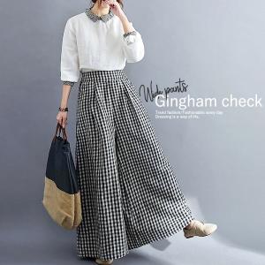 パンツ ワイドパンツ ボトムス ロングパンツ チェック ギンガムチェック ゴム マキシ レディース [郵3]^b314^