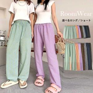 ワイドパンツ パンツ レディース パジャマ 春 おしゃれ チェック 柄 ショート ロング 長ズボン ウエストゴム 30代 40代 ^b482^【タイムセール】