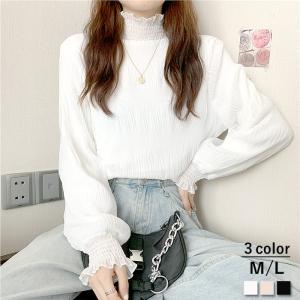 ブラウス レディース 長袖 シフォン シアー 春 黒 白 おしゃれ きれいめ ハイネック ギャザー カットソー [郵1.5]^t1082^｜raspberryy