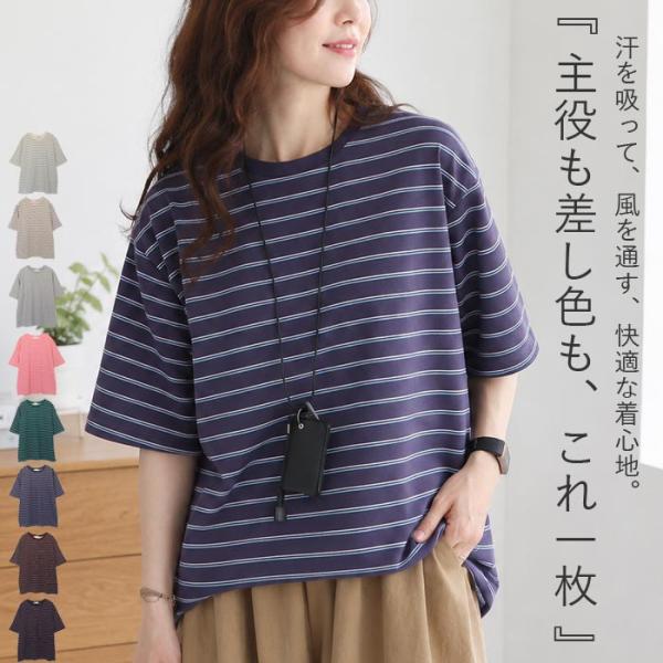 【タイムセール】 Tシャツ パイル地 マルチボーダー 夏 体型カバー トップス レディース カットソ...