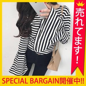 ボーダー カットソー レディース 袖フレア トップス ロンT 大きいサイズ(t266)