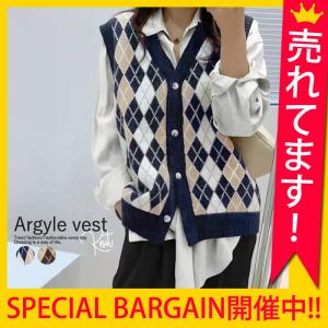 [10%OFFクーポン有] ニットベスト ニット レディース チェック柄 アーガイル 前開き トップス 韓国 部屋着 防寒 (ゆうパケット送料無料)[郵3] ^t891^