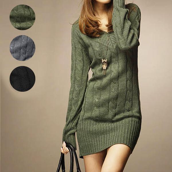 ワンピース レディース ニット ワンピース 膝丈 ロング 長袖 テールカット セーター 極暖 [郵3...