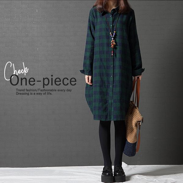 ワンピース シャツワンピ レディース ブロックチェック コクーンワンピ 体型カバー 秋 (送料無料)...