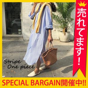 ワンピース シャツワンピ 春 夏 ミモレ丈 カットソー レディース ストライプ トップス ^w617^