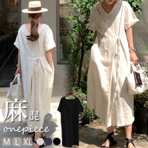 リネンワンピース ウエストリボン 綿麻 リネン混 ワンピース ロング ワンピ レディース (送料無料)[郵3] ^w629^