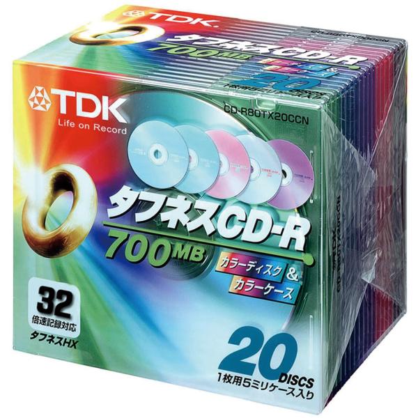 TDK CDRディスク 700MB カラーディスクケース 32倍速 CD-R80TX20CCN