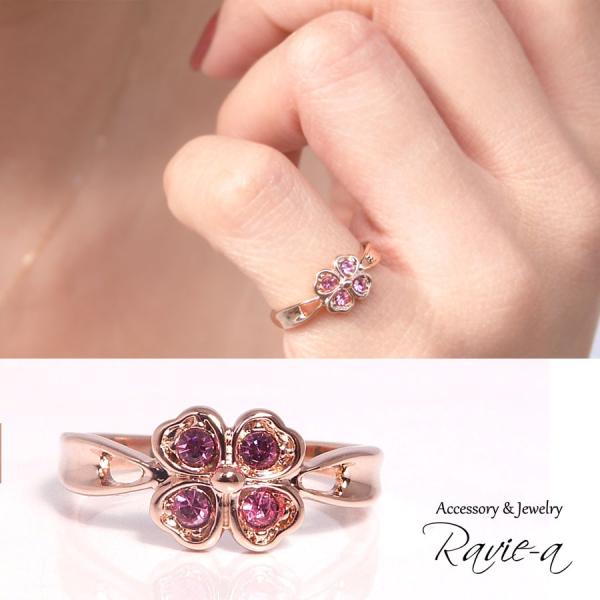 ピンキーリング クローバー ピンクゴールド スワロフスキー ピンク ローズ 四つ葉のクローバー 願い...
