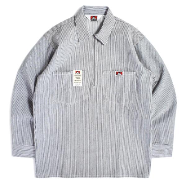 BEN DAVIS ポリコットン L/S 1/2ジップ ワーク シャツ ヒッコリー