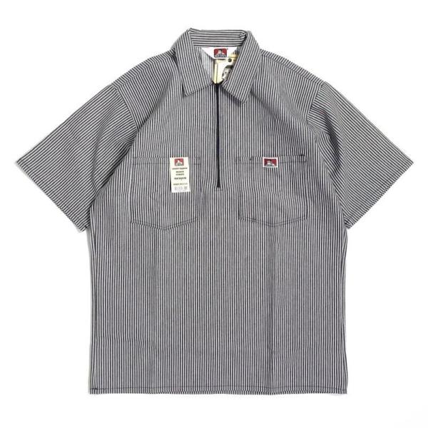 ベン デイビス ショートスリーブ ストライプ ハーフジップ ワークシャツ ブラック